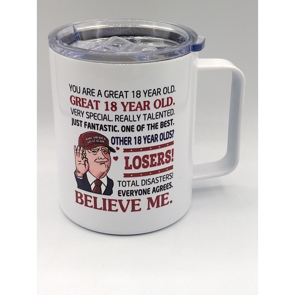Trump 18th Birthday Gift Insulated Mug With Lid Great 18 Year Old Metal White